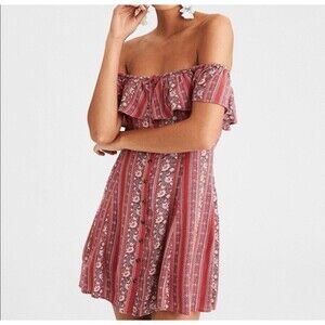 American Eagle Pink Blue Floral Off Shoulder Sun Dress Women Size Large